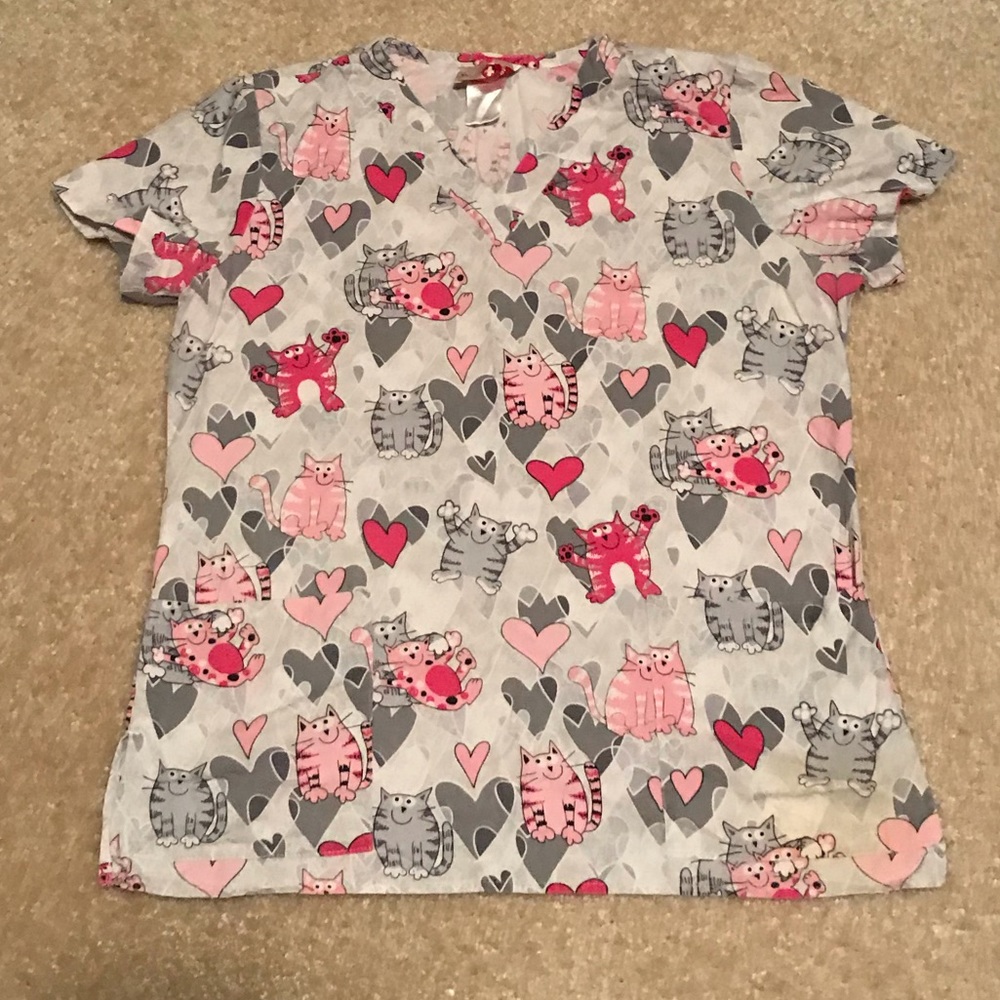 White Cross cat hearts scrub top